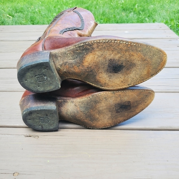 Vintage 70s Dan Post Brown Leather Braid Shaft Western Cowboy Motorcycle Boots 9 - Picture 7 of 9